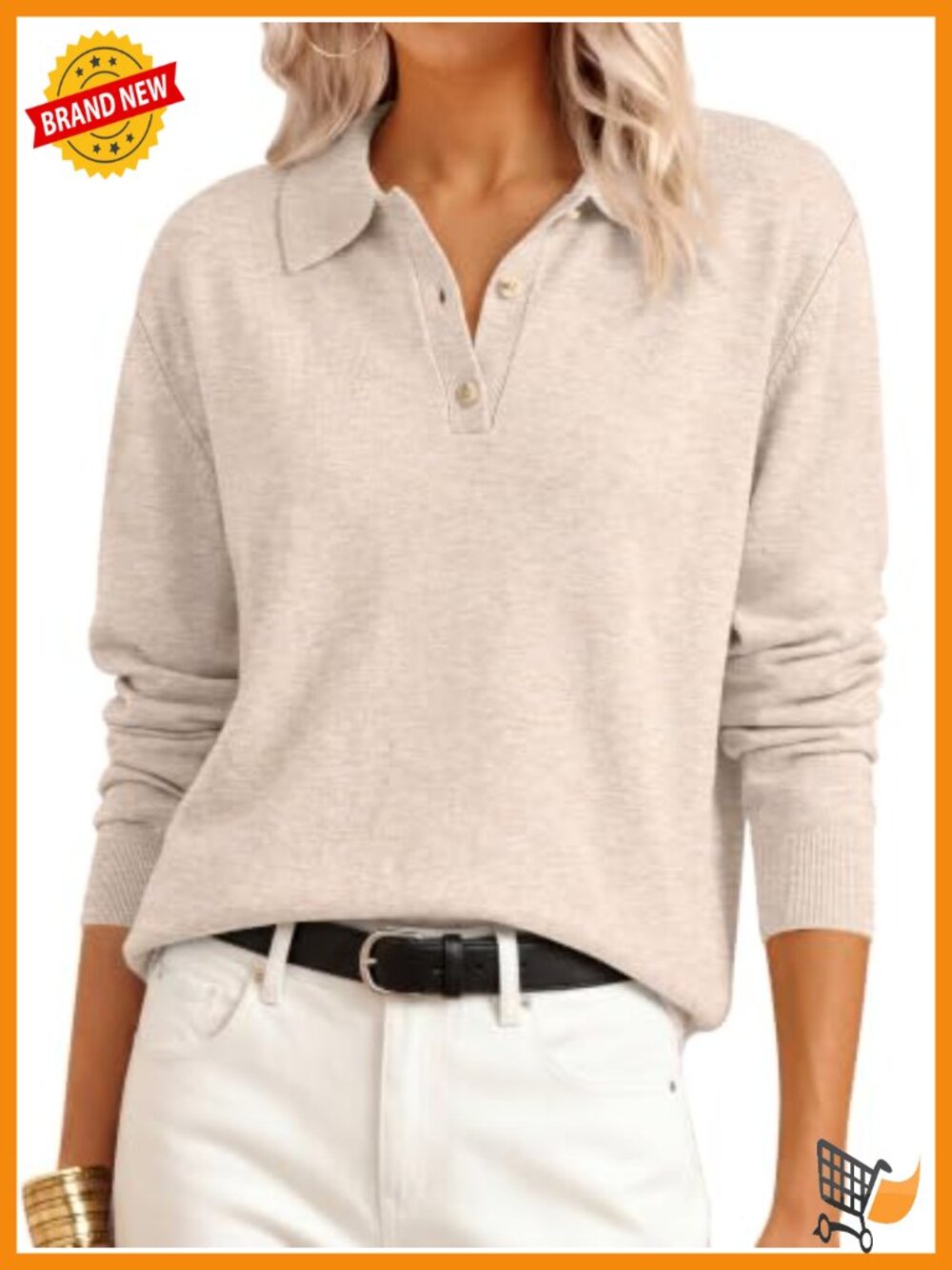 Women's Polo Collared Knit Sweater Long Sleeve Pullover Acrylic Blend